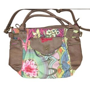 Desigual Satchel Floral Print Shoulder Bag Convertible Brown Colorful